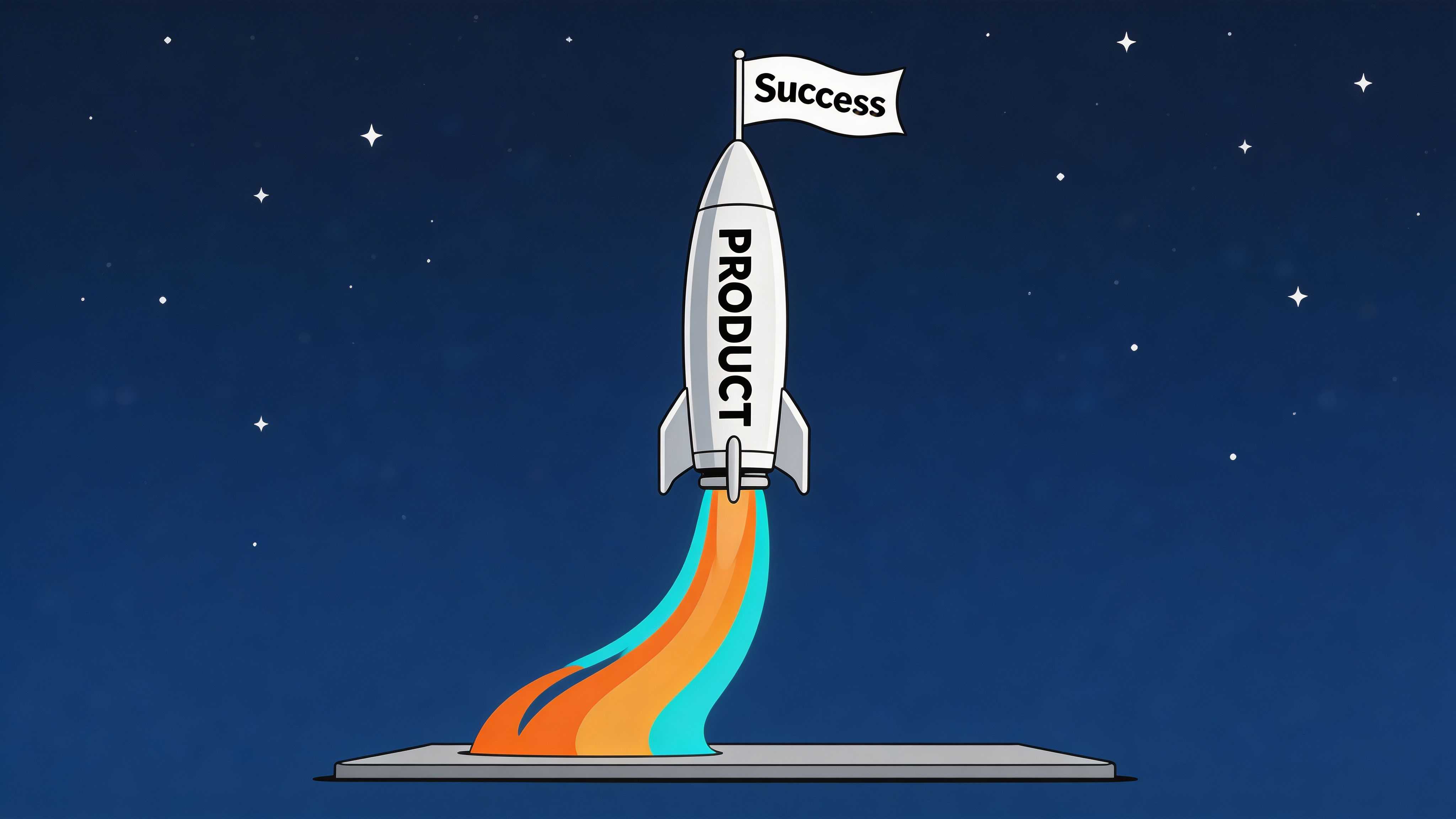 A rocket labeled Product launching into the starry night sky with a Success flag on top.