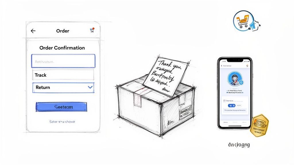 Mobile app screens for order management, a thank you note in a package, and a user profile, symbolizing excellent customer experience.
