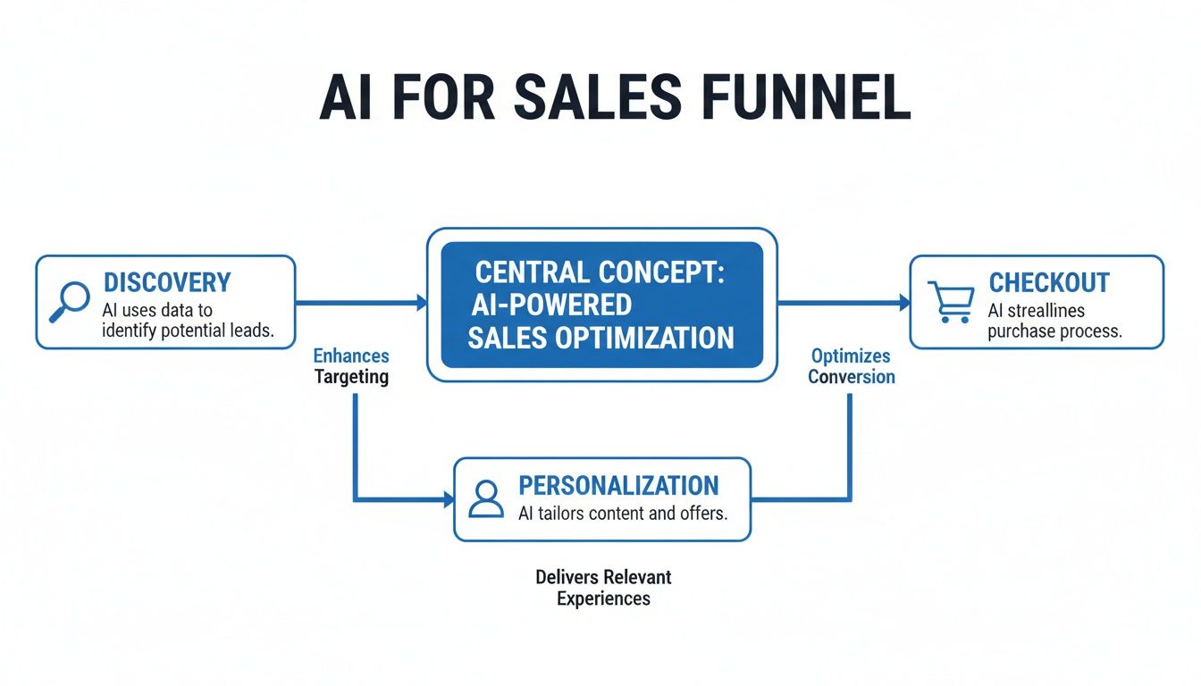 Diagram showing how AI optimizes the sales funnel, from discovery and personalization to checkout.