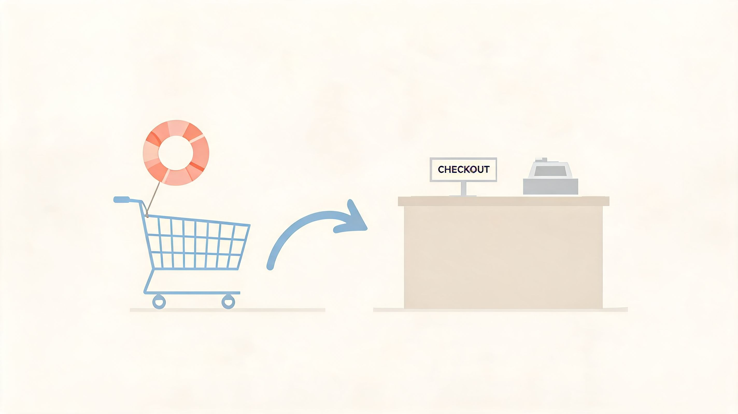 A shopping cart carrying a lifebuoy moving toward a retail checkout counter illustration.