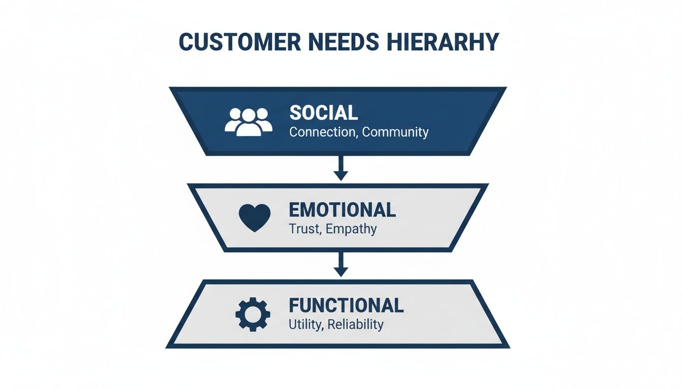 A customer needs hierarchy funnel diagram showing social, emotional, and functional levels with descriptions and icons.