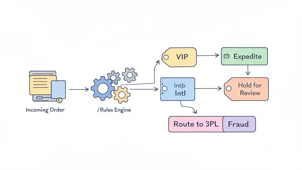 Flowchart showing incoming orders processed by a rules engine, leading to VIP expedite, international review, or fraud routing.