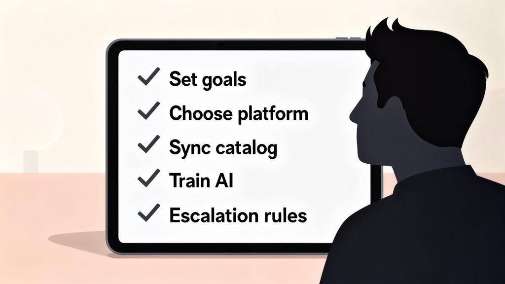 A person viewing a tablet with a checklist for AI implementation: set goals, choose platform, sync catalog, train AI, escalation rules.
