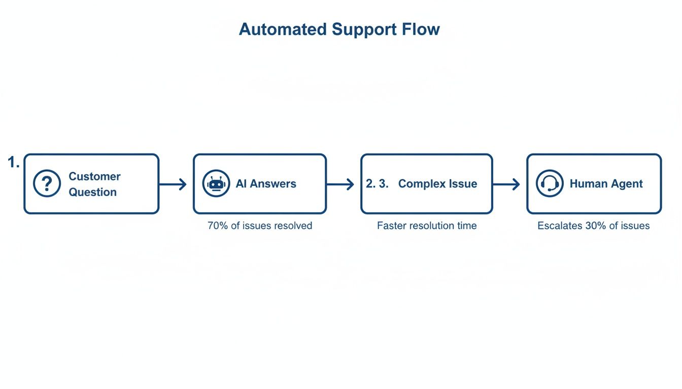 Flow chart illustrating an automated customer support process using AI to answer questions and human agents for complex issues.