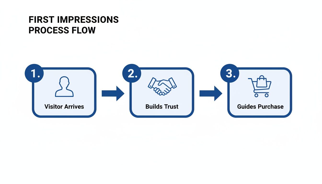 A flowchart showing the 'First Impressions Process Flow' with steps: Visitor Arrives, Builds Trust, Guides Purchase.