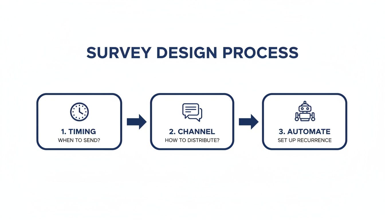 A diagram illustrating the survey design process with three steps: Timing, Channel, and Automate.