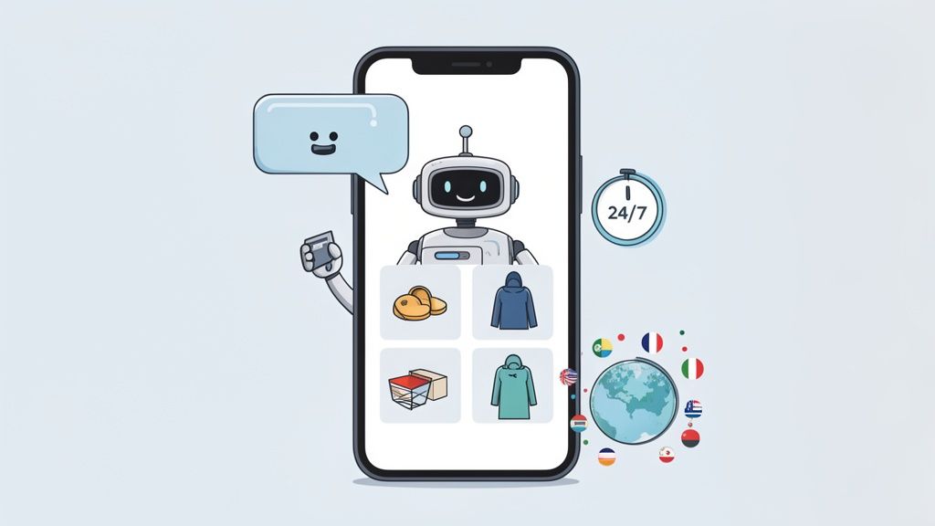 A friendly chatbot inside a smartphone app offers 24/7 global e-commerce customer support.