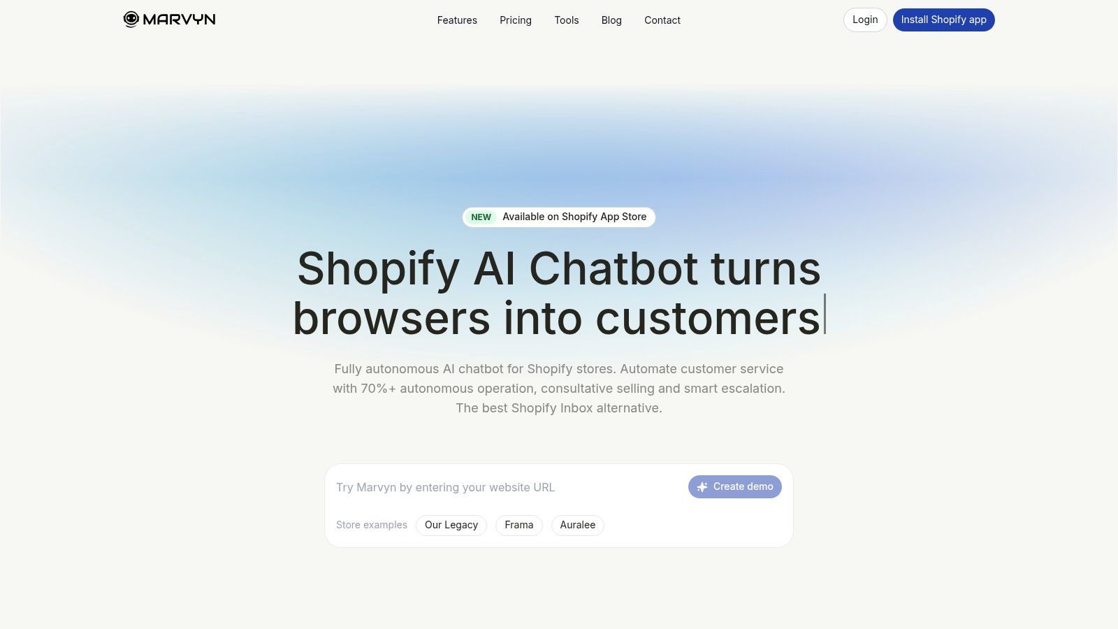 Marvyn AI chatbot interface showing a consultative sales conversation on a Shopify store.