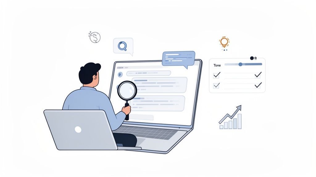 A person uses a laptop with a magnifying glass, analyzing data and optimizing sales strategies with AI tools.