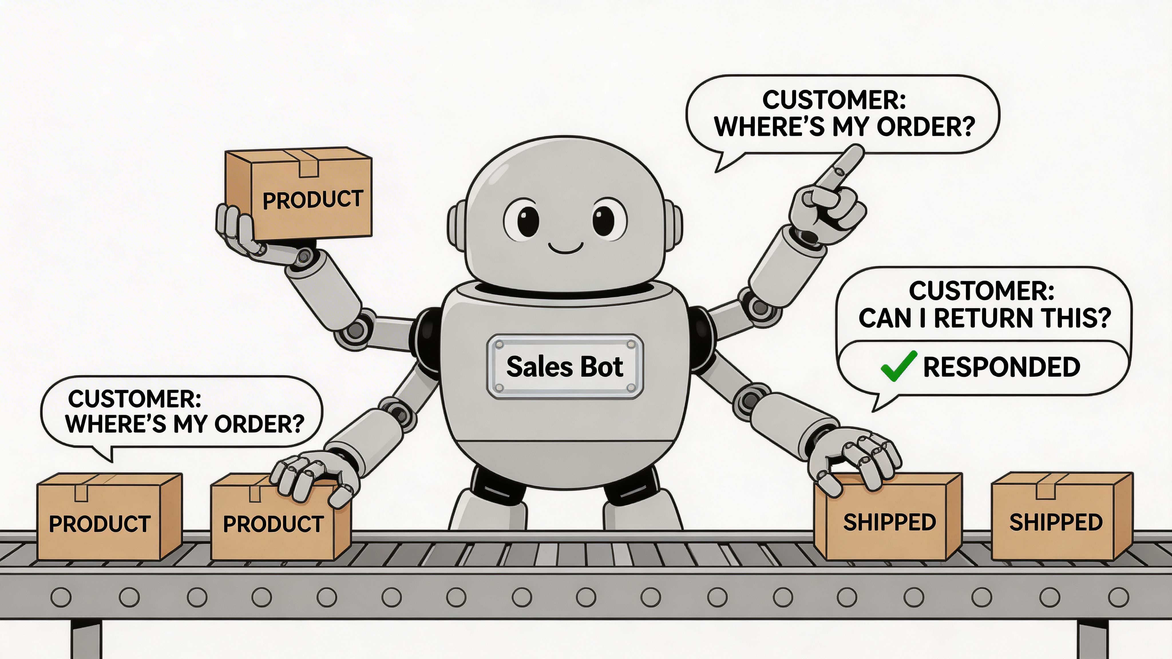 A friendly Sales Bot with multiple arms managing various product orders and customer inquiries on a conveyor belt.