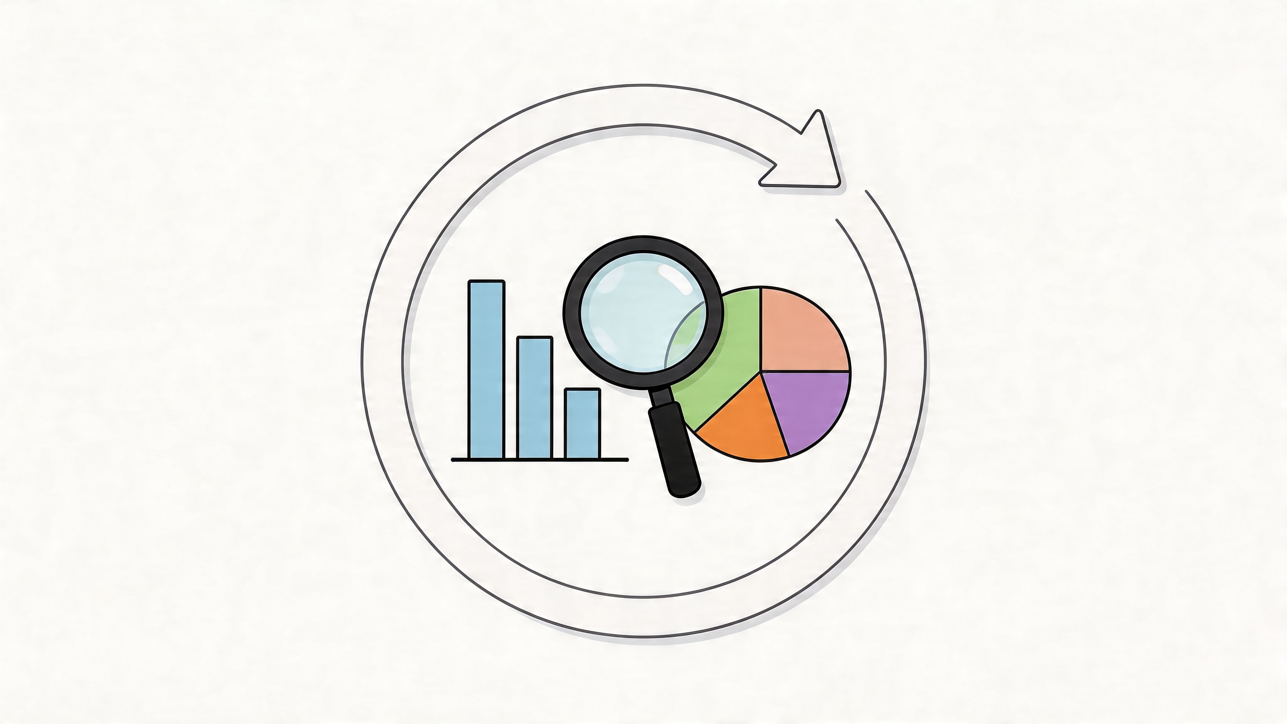 A minimalist line art graphic showing a magnifying glass examining bar charts and a colorful pie chart.