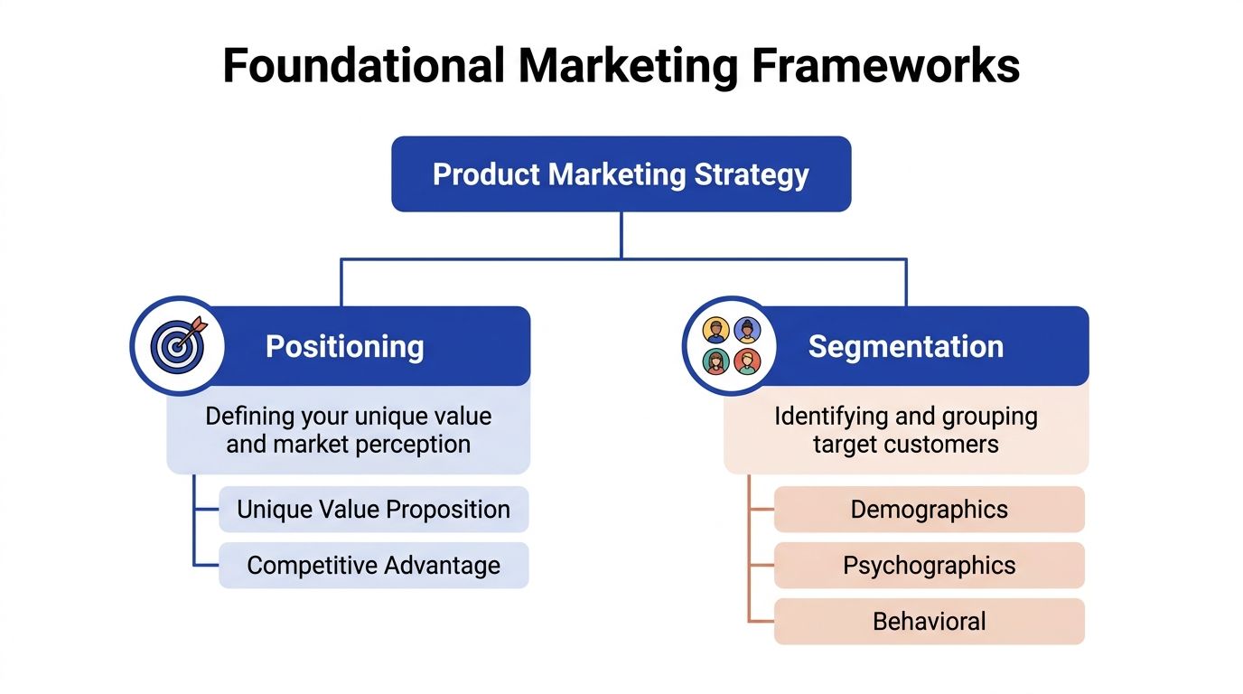 A diagram outlining foundational product marketing strategy through positioning and segmentation frameworks for target market analysis.