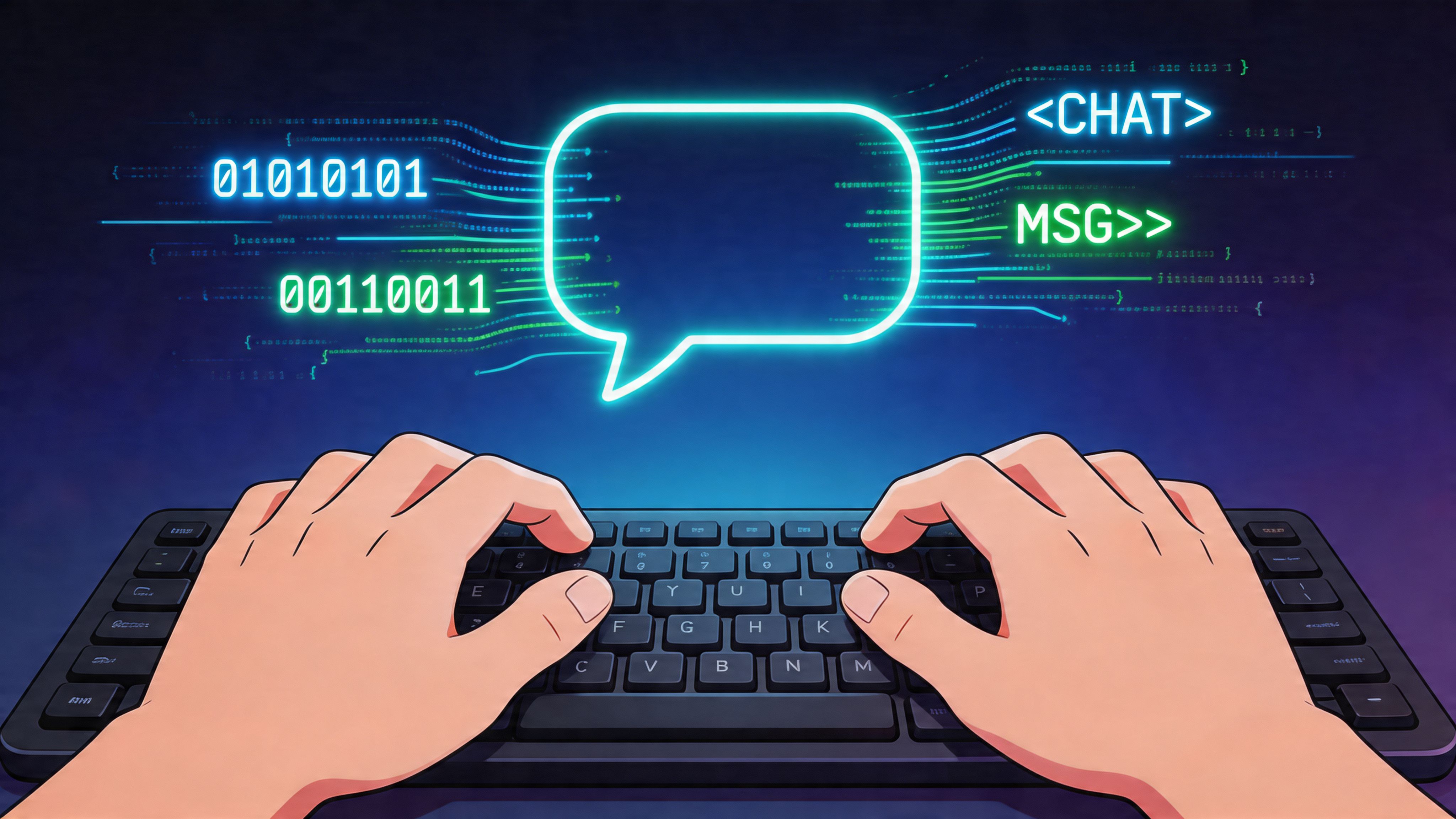 A digital illustration showing hands typing on a computer keyboard with neon chat and binary code icons.