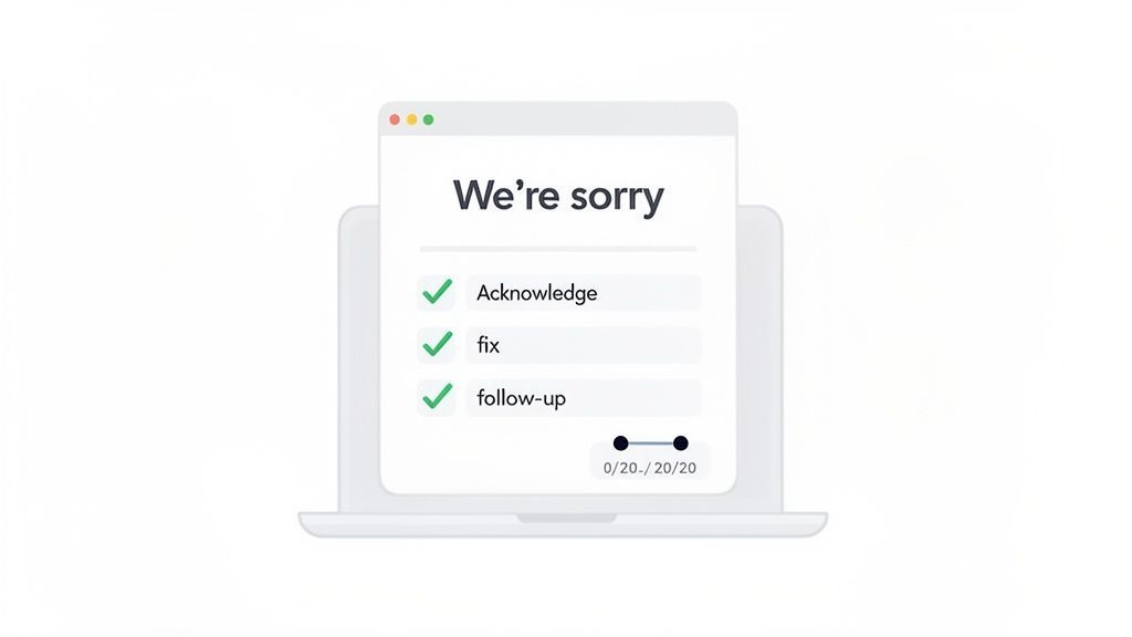 A laptop screen displaying a 'We're sorry' message with a completed checklist for acknowledging, fixing, and following up.