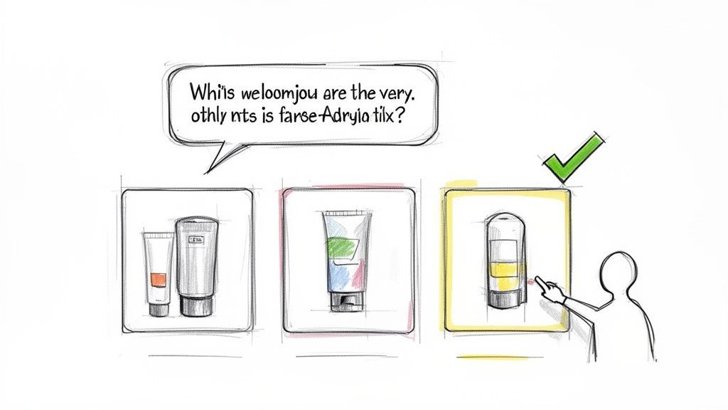 A person selects one of three product designs, with a speech bubble and a green checkmark.