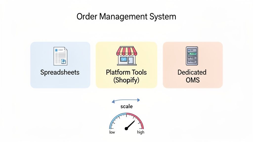 Diagram illustrating order management system options: spreadsheets, platform tools like Shopify, and dedicated OMS, correlated with business scale.