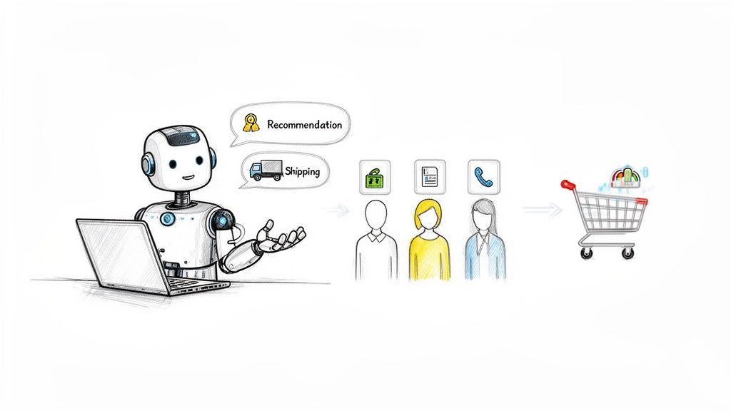 An AI robot agent provides recommendations and shipping information to customers, leading to online purchases.