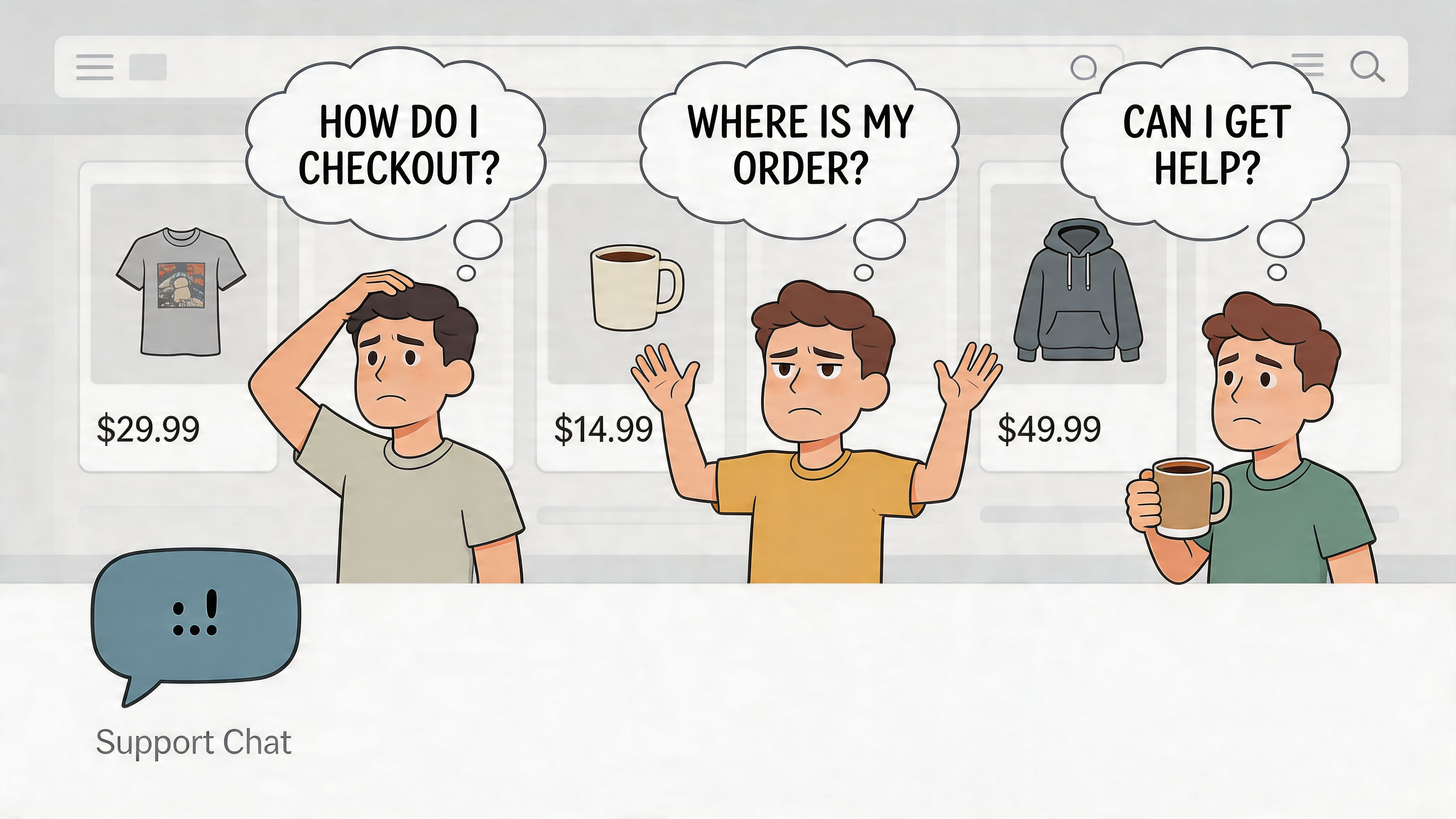 Three confused customers in an online shop with speech bubbles asking for help, checkout, and order status.