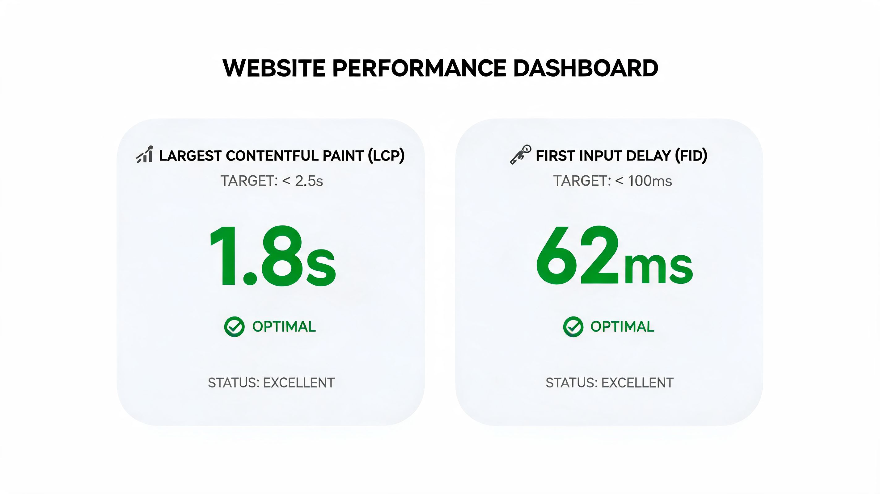 A website performance dashboard showing optimal scores for Largest Contentful Paint and First Input Delay metrics.