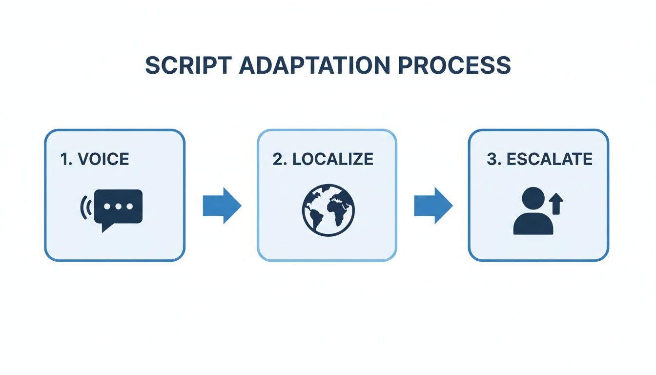 Flowchart showing the script adaptation process steps: 1. Voice (speech bubble), 2. Localize (globe), 3. Escalate (user with arrow).
