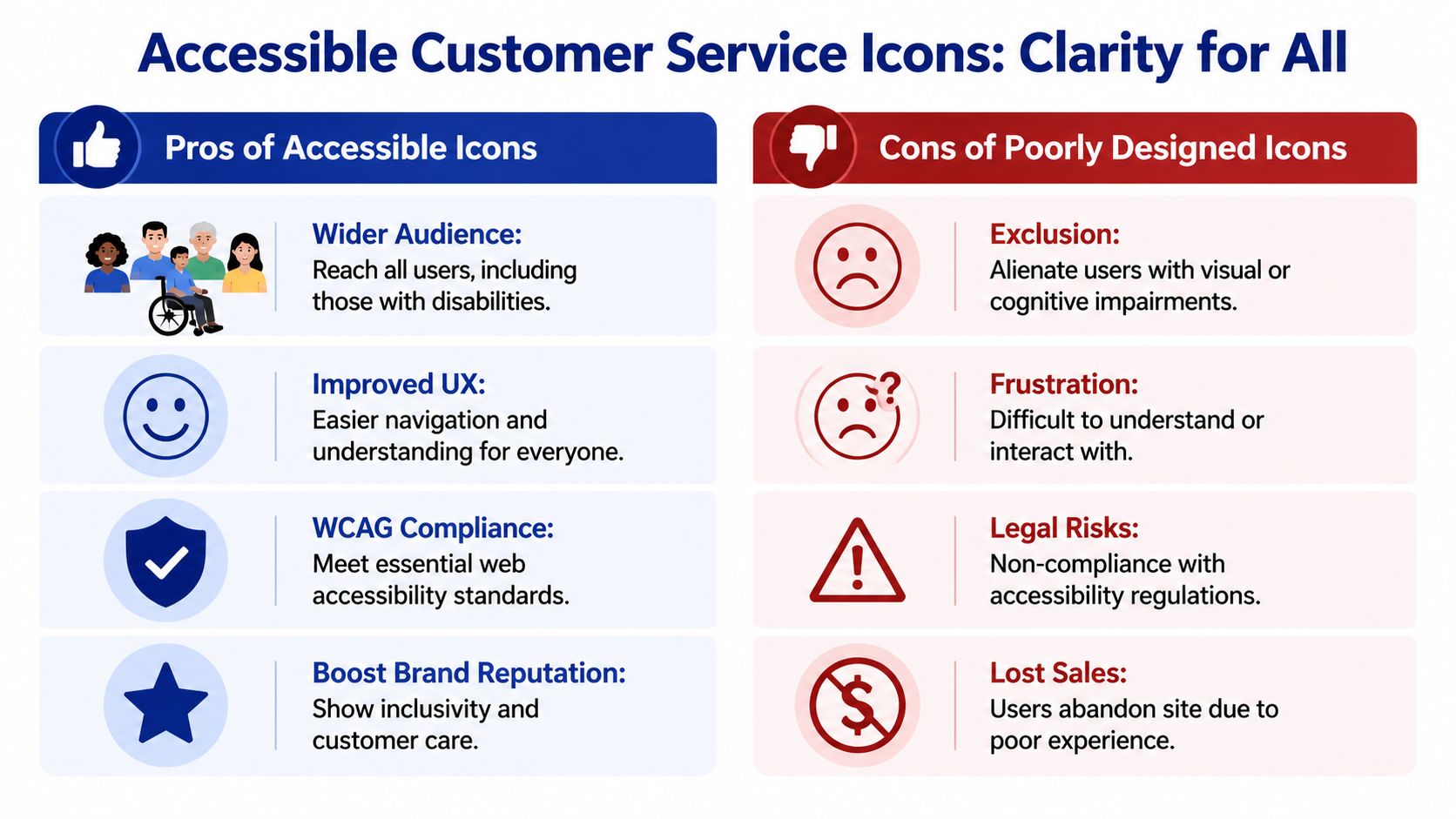 A comparison chart showing the benefits of accessible icons versus the risks of poorly designed icons.