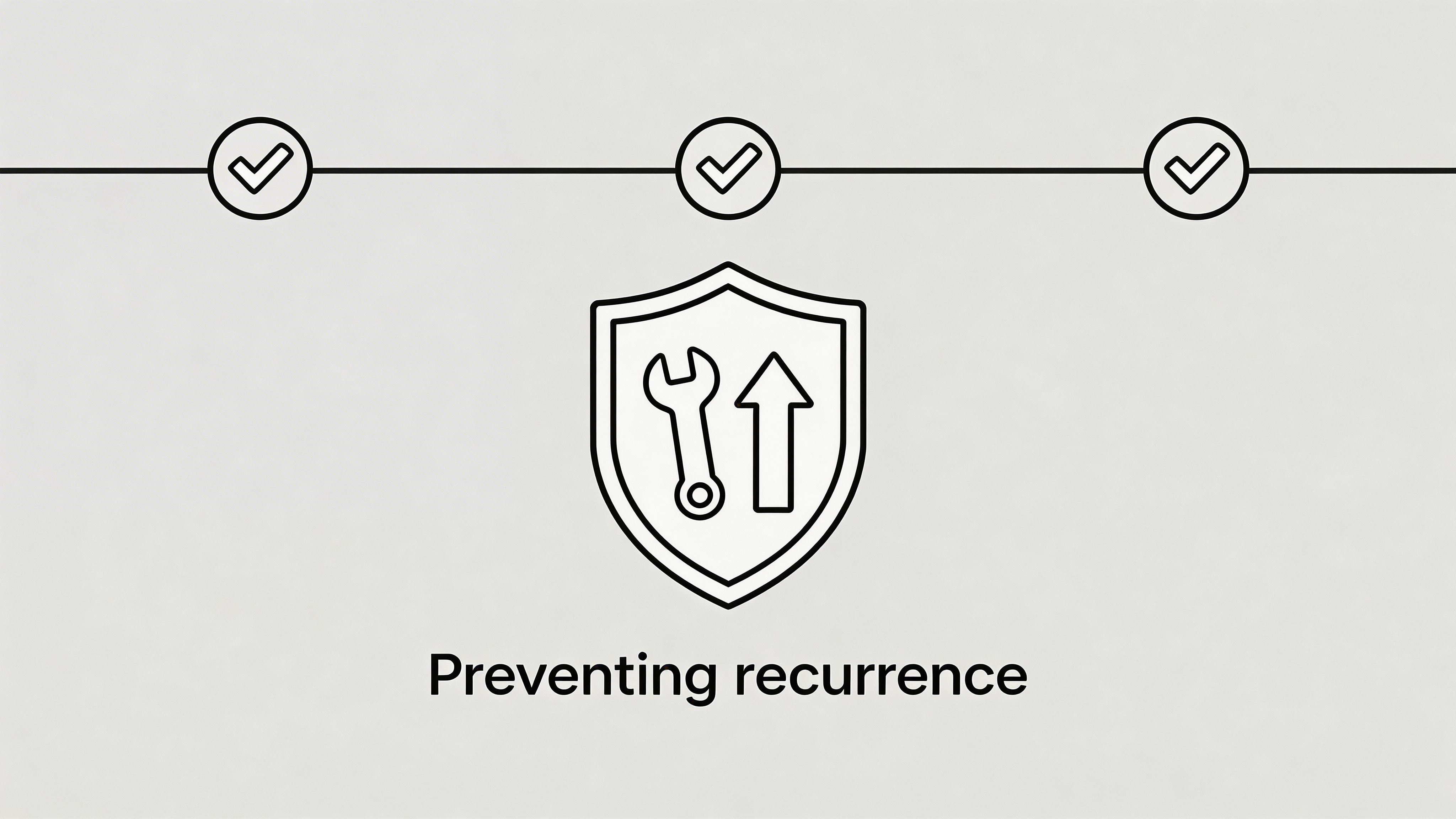 A minimalist graphic depicting a shield icon containing a wrench and an upward arrow, signifying preventing recurrence.