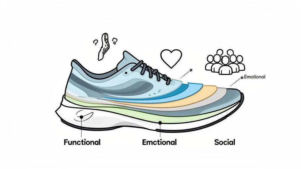 Illustration of a running shoe cross-section demonstrating functional, emotional, and social customer needs layers.