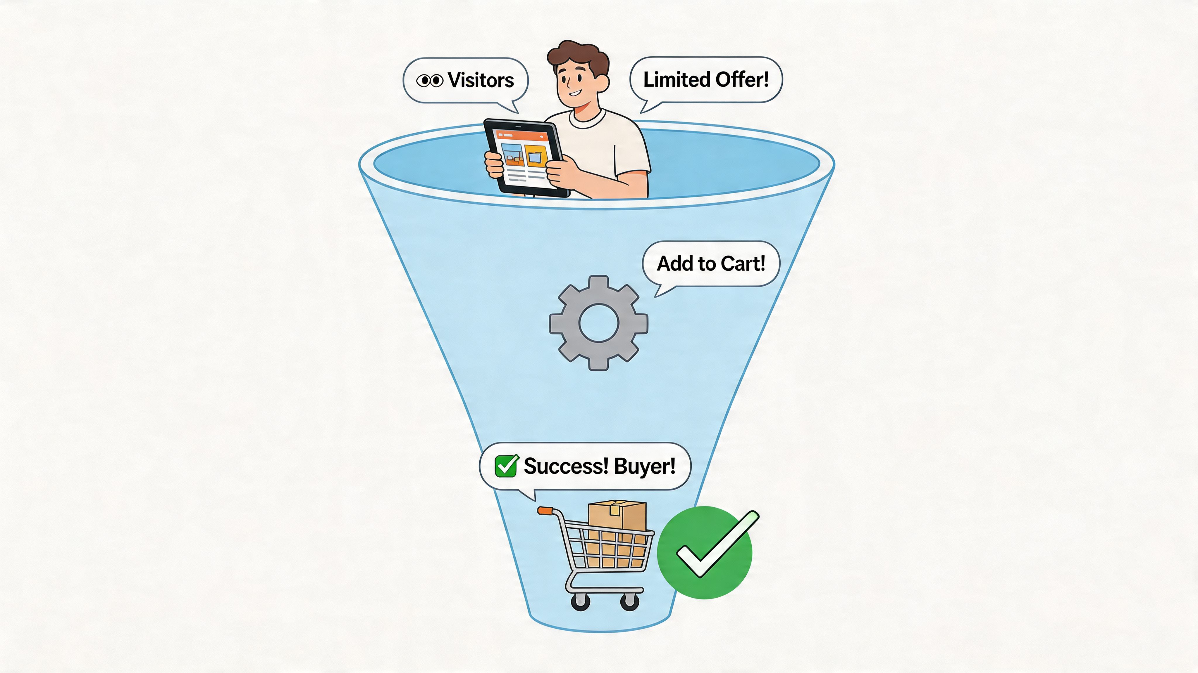 A conceptual illustration of a sales funnel showing the journey from website visitors to successful buyers.