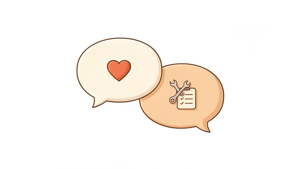 Two overlapping speech bubbles, one with a red heart, the other with tools and a checklist.