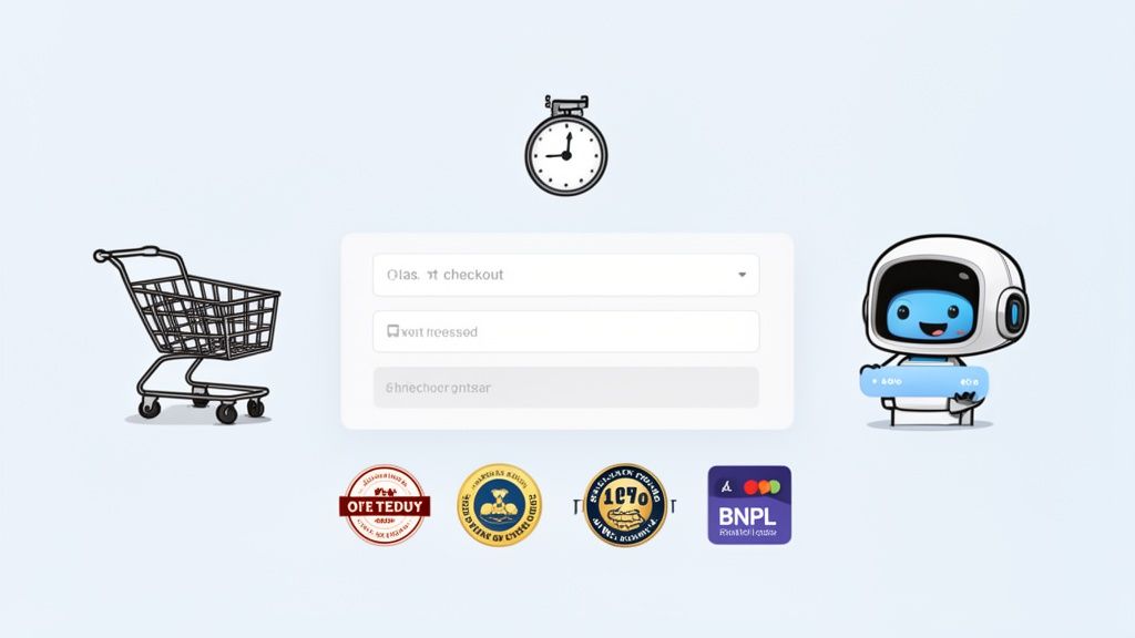 An illustration of an e-commerce checkout page with a shopping cart, input fields, a friendly robot, and payment badges.