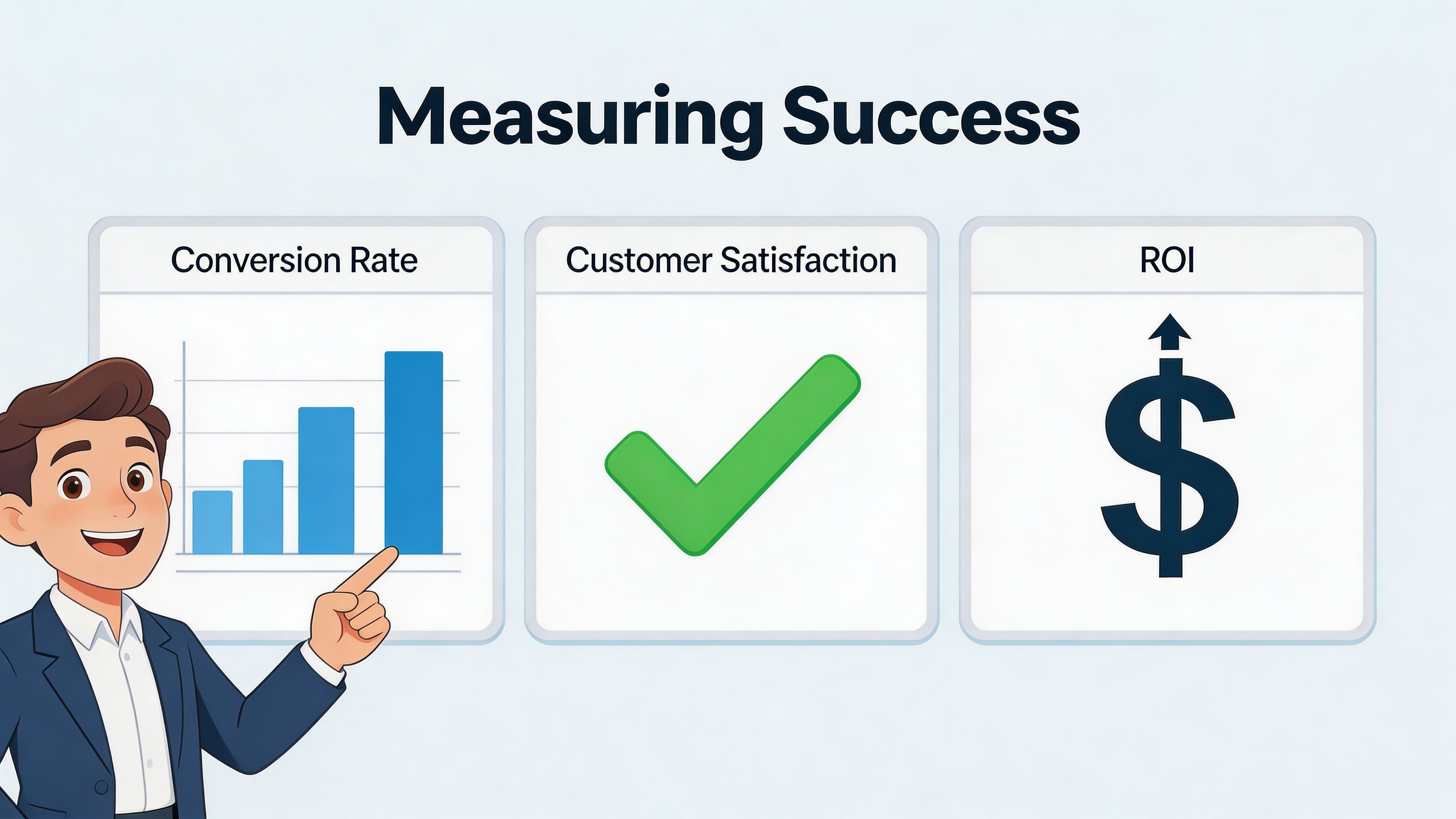 A smiling businessman pointing at a chart representing conversion rate, customer satisfaction, and ROI metrics.