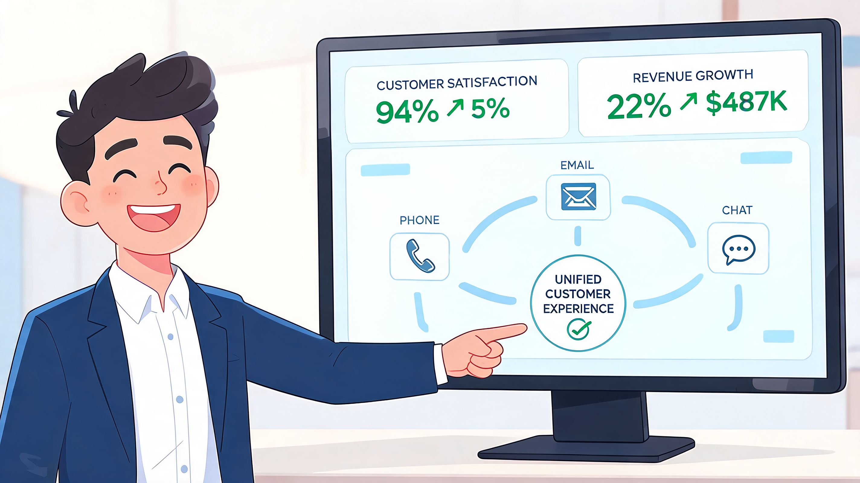 A professional man pointing at a computer screen displaying an omnichannel customer service strategy dashboard.