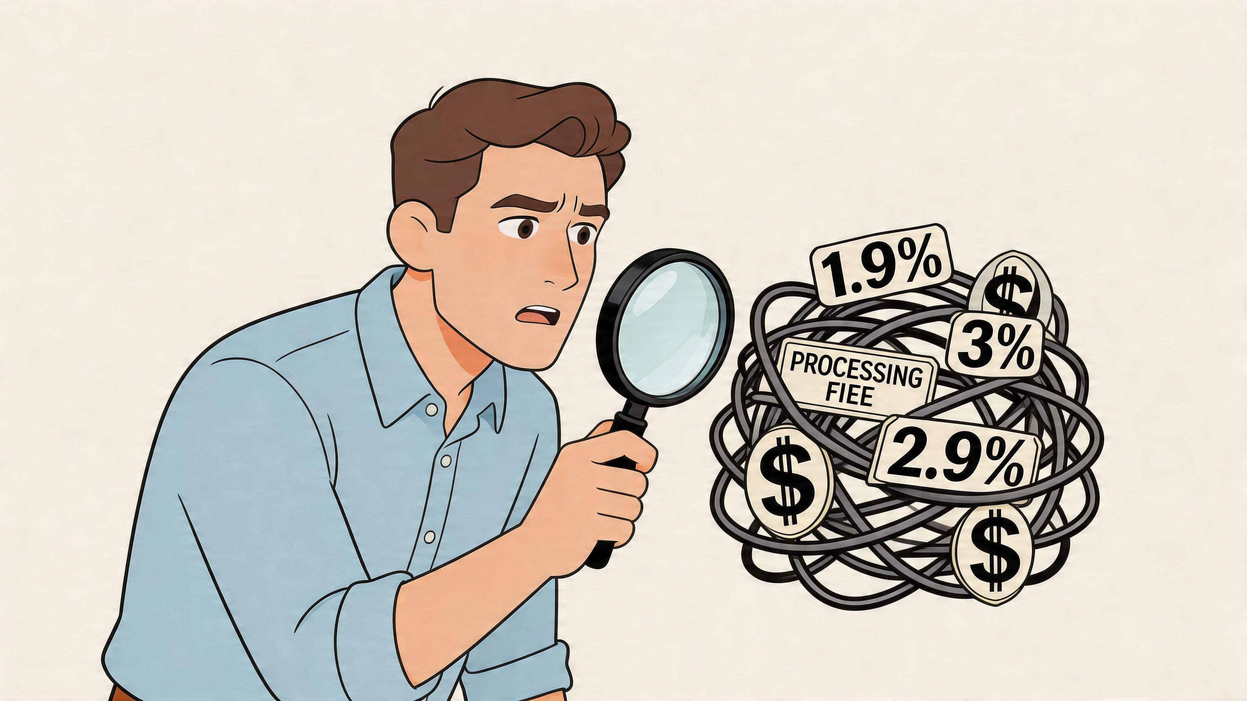 A confused man using a magnifying glass to examine complex payment processing fees and percentage labels.
