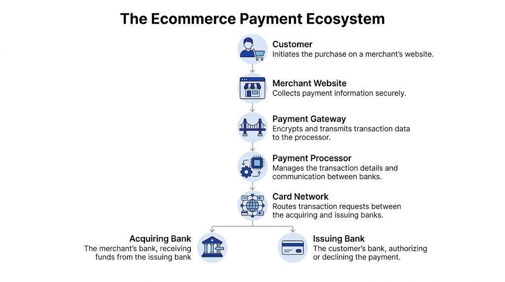 A diagram illustrating the ecommerce payment ecosystem showing the flow from customer to banks.