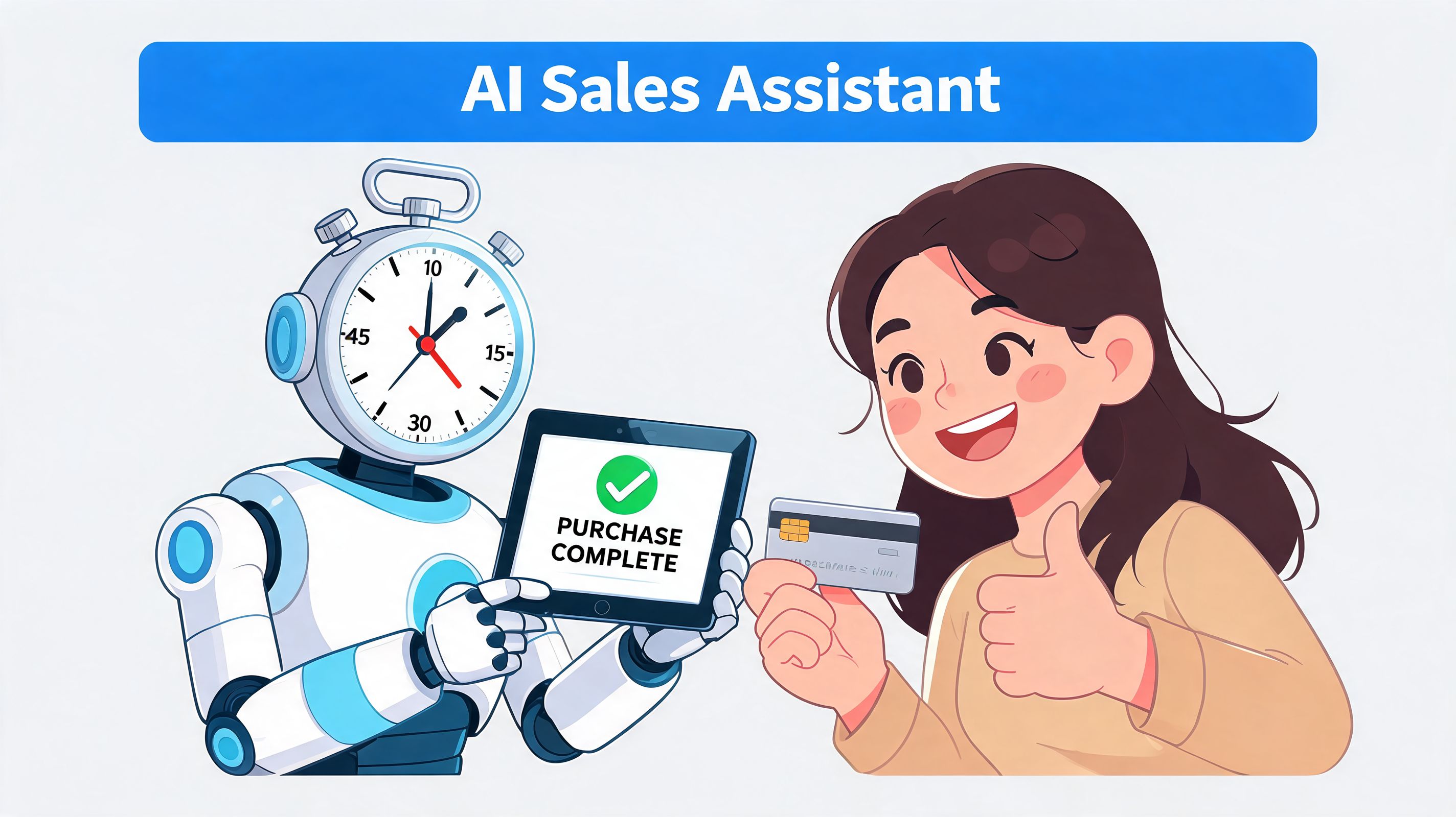 An AI robot with a clock face holding a tablet showing purchase complete to a happy customer.