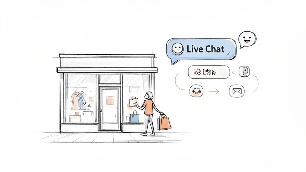 A hand-drawn image of a person leaving a storefront with shopping bags, connecting to live chat support.