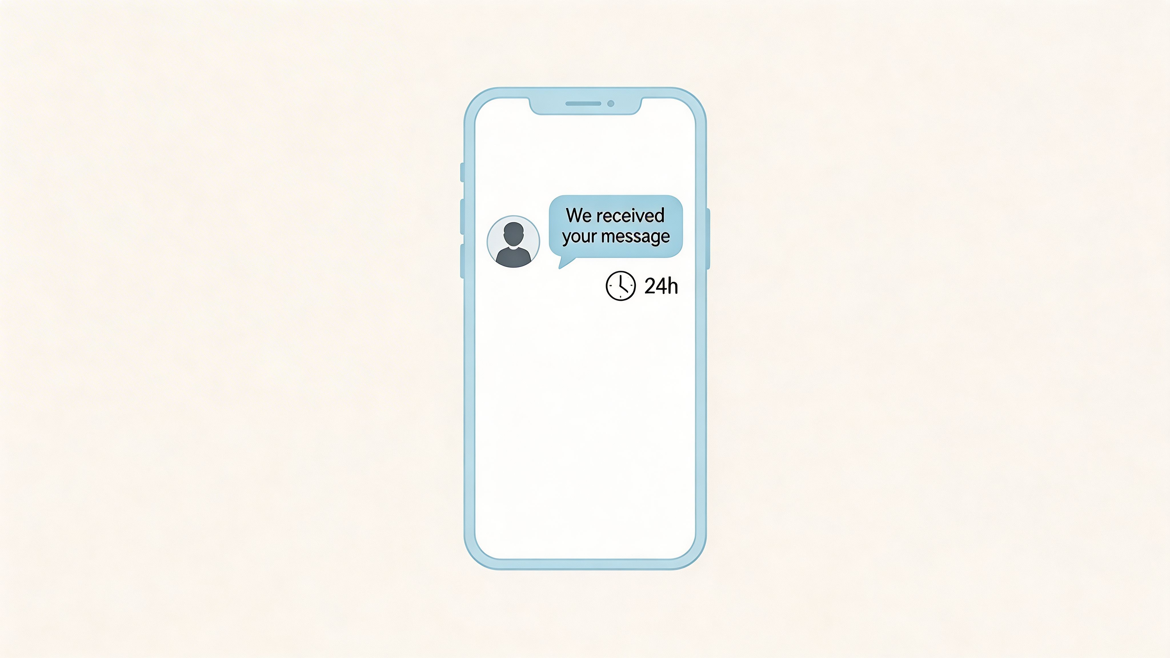 A smartphone illustration showing an automated message notification that the customer support team has received the message.