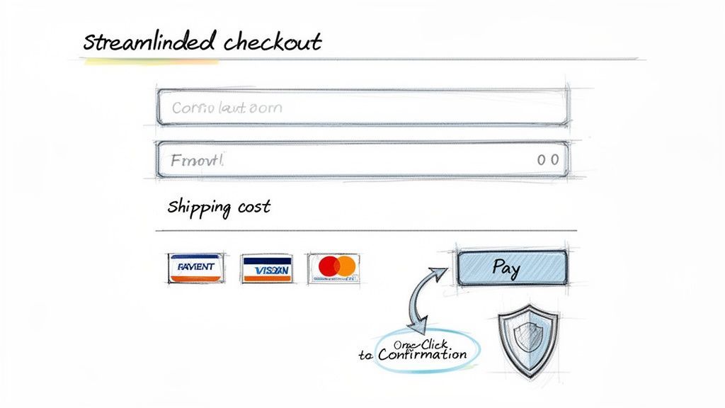 Wireframe illustrating a streamlined checkout process with payment details, card options, pay button, and one-click confirmation.
