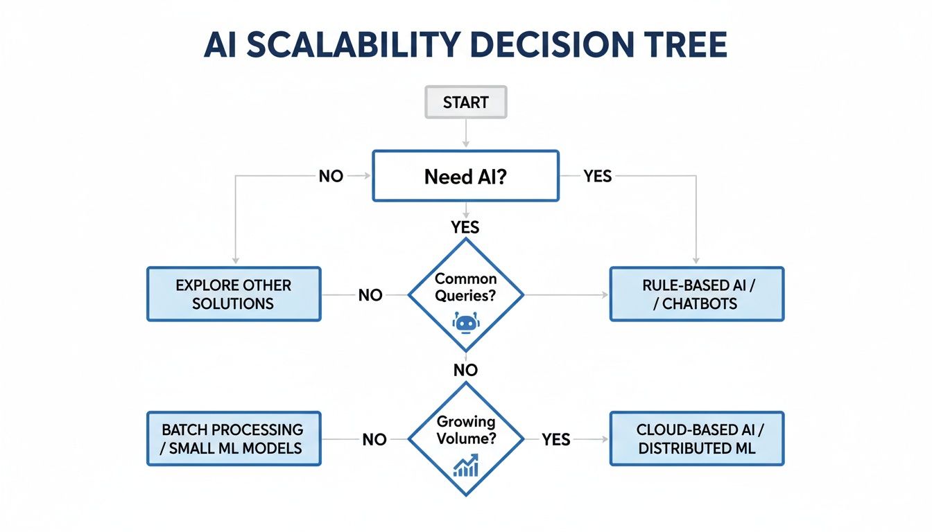 A flowchart detailing an AI scalability decision tree, guiding from 'Need AI?' to various implementation strategies.