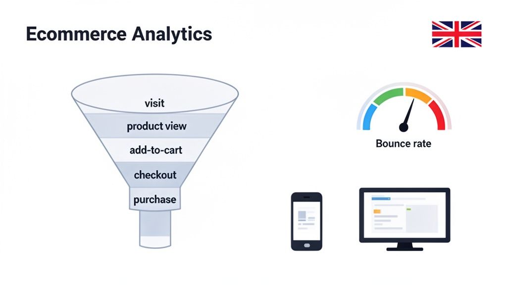 Ecommerce analytics dashboard showing a conversion funnel, bounce rate, and multi-device support with a UK flag.