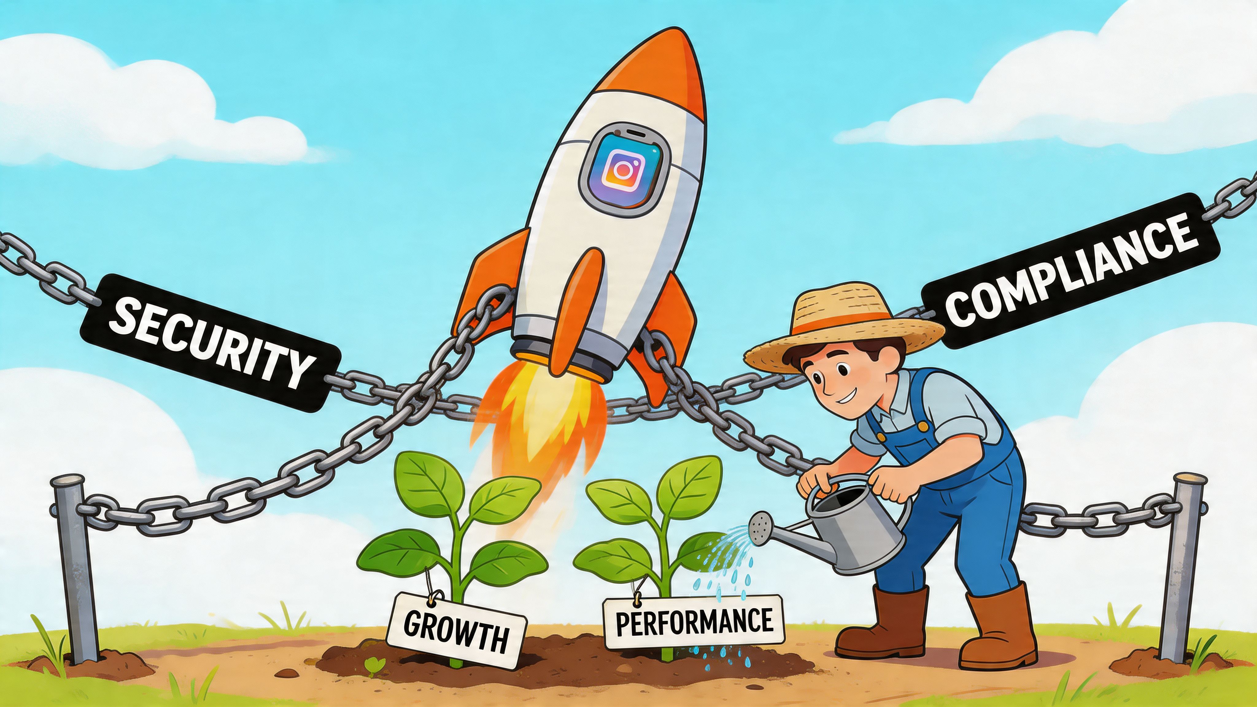 A farmer nurturing plants labeled growth and performance while a rocket ship is constrained by security chains.