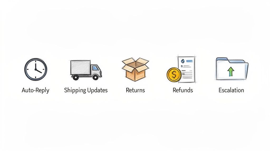 Illustrative icons representing customer service options: auto-reply, shipping updates, returns, refunds, and escalation.