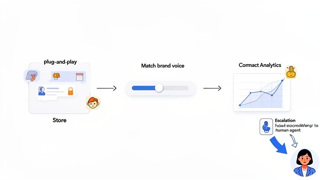 Diagram illustrating an AI chatbot's workflow from plug-and-play setup to analytics and human agent escalation.