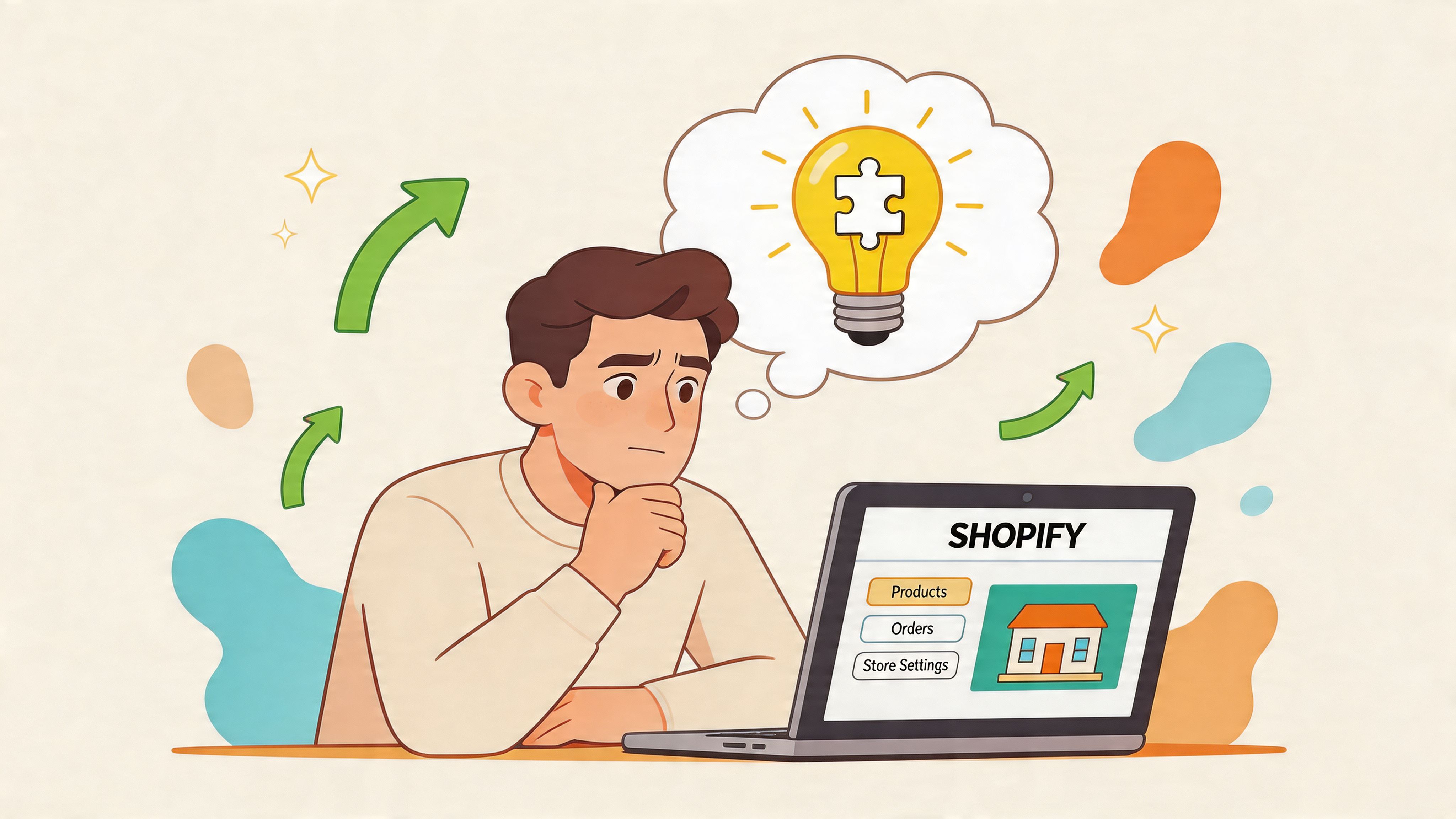 A young man looking thoughtfully at a laptop screen displaying a Shopify store management interface with a puzzle piece lightbulb idea.