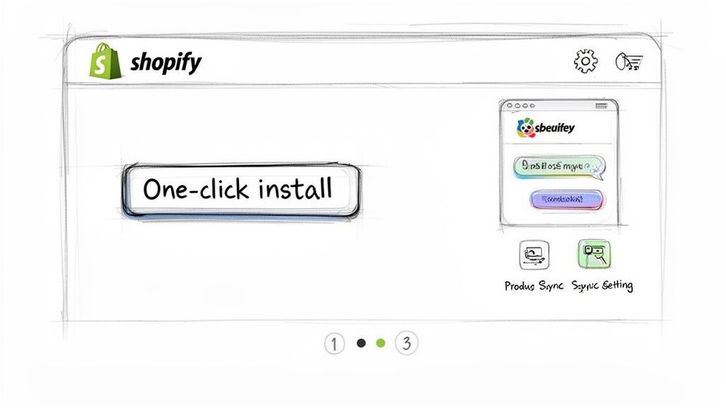 Sketch of a Shopify app interface showing a 'One-click install' button and a live chat widget.
