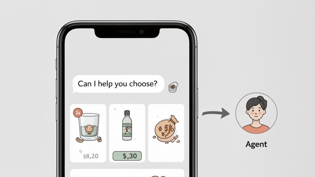A smartphone displays an agent chat offering help to choose products, leading to customer support.