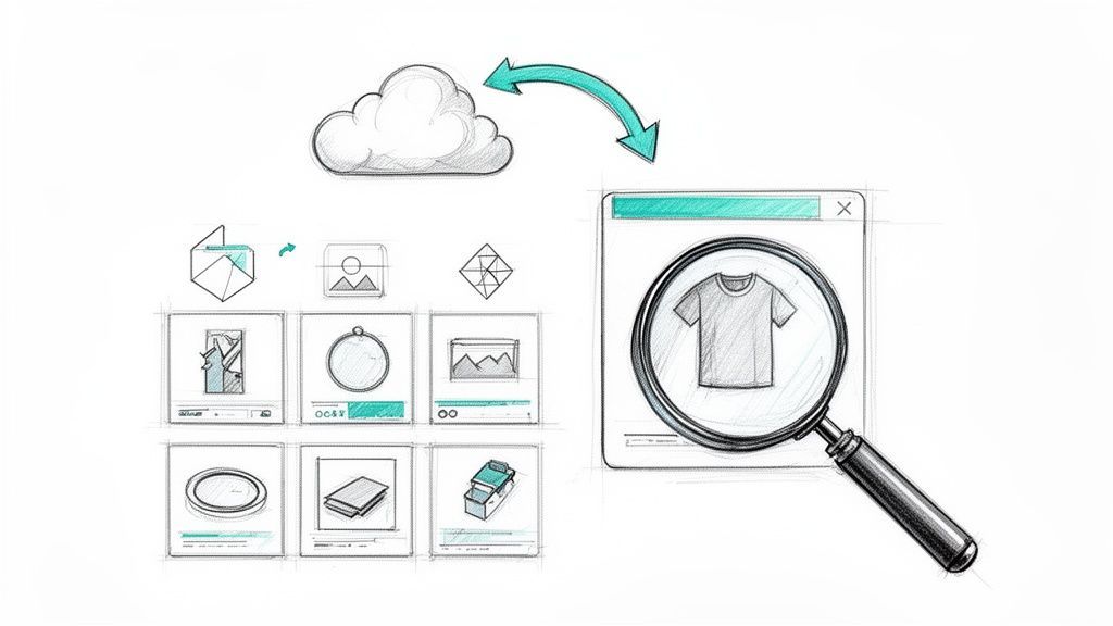 A hand-drawn sketch showing a cloud sending data to a browser window with a magnifying glass searching for a t-shirt among various products.