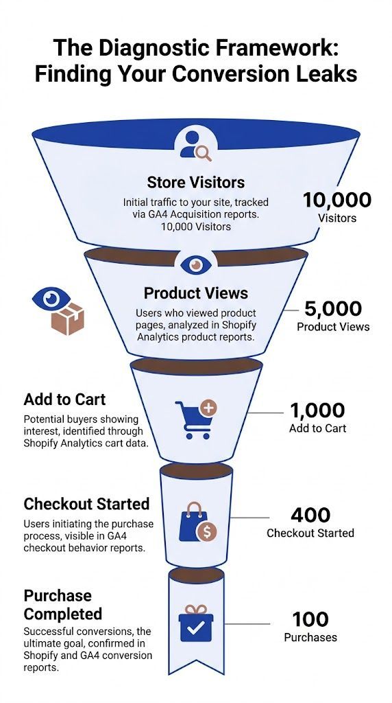 A funnel diagram showing a conversion diagnostic framework from store visitors to purchase completion for e-commerce.