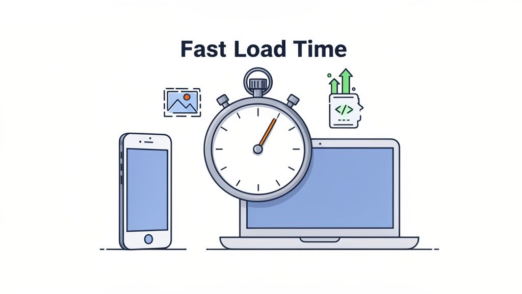 Illustration of a stopwatch, smartphone, and laptop symbolizing fast website load times and optimization.