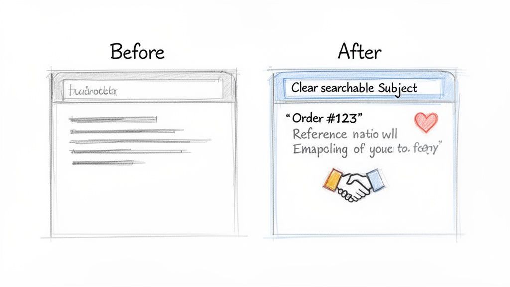 Illustration contrasting unclear email subject 'fwadrotthr' with a clear, searchable 'Order #123' and improved message content.